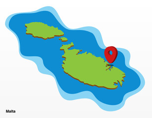 3d vector illustration graphic green color geographical map of Malta with pointer on Valletta