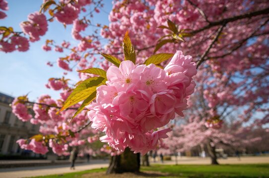 Blooming cherry trees at a scenic urban park
