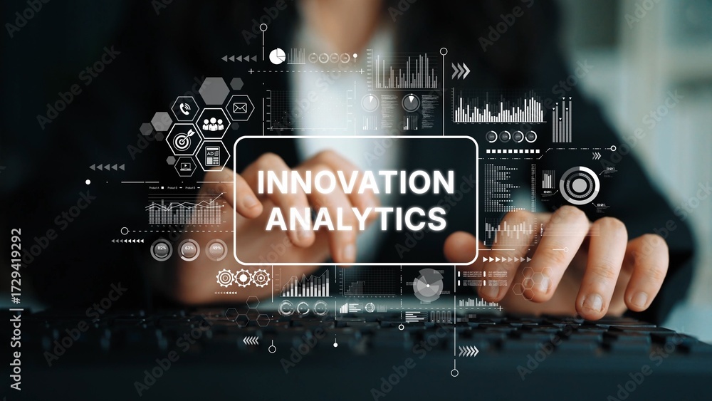 Poster innovation analytics concept with hands typing on keyboard and data visualization graphics in modern