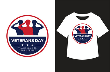 Veterans Day graphic with three saluting figures in red and blue silhouettes, bold text, and stars. Clean patriotic design shown on white background and as a t-shirt mockup.