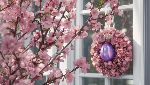Springtime wishes! Beautiful cherry blossom twigs adorned with a purple ribbon and a decorated egg. Festive floral display by a bright window for the holiday season. - Powered by Adobe