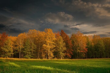 Vibrant fall woodland under a gloomy sky