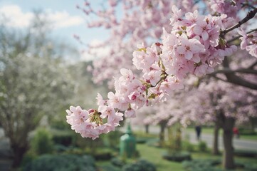 Springtime cherry tree blossoms in late March with pink and white flowers in a garden