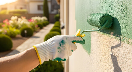 Gloved hand actively painting a rough exterior wall dark green using a roller with a bright yellow handle
