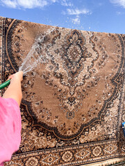 A vertical shot of a woman’s hand in a pink t‑shirt holding a garden hose spraying water onto a carpet being washed outdoors.