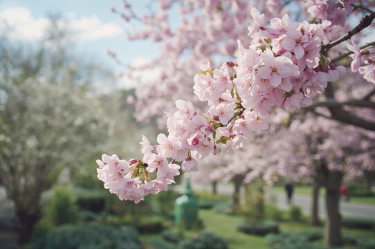 Springtime cherry tree blossoms in late March with pink and white flowers in a garden