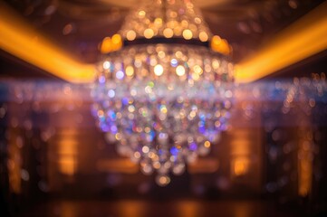 Soft-focused colorful rainbow bokeh from a crystal chandelier with warm golden lighting