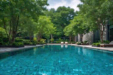 Fototapeta premium Blurred backdrop of a beautiful outdoor swimming pool featuring crystal clear water, encircled by vibrant greenery and contemporary buildings. Soft focus image for background use.