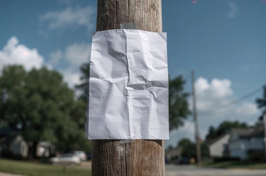Detailed view of a missing cat flyer attached to a street pole in a neighborhood, featuring an empty section for personalized messages and design.