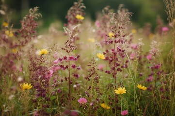 Naklejka premium Wildflowers in a fall meadow with vibrant leaves and greenery