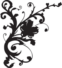 Abstract vector floral design elements featuring ornate black vintage flower and leaf silhouette scroll borders