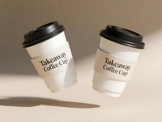Two takeaway coffee cups with black lids and sleeves floating against a neutral background.