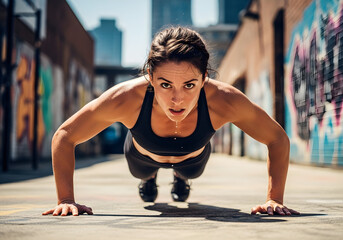 Fototapeta premium Focused Woman Doing Push-Ups in Urban Setting