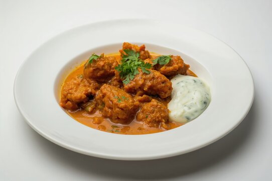 Homemade chicken masala presented on a white dish, rich in flavor