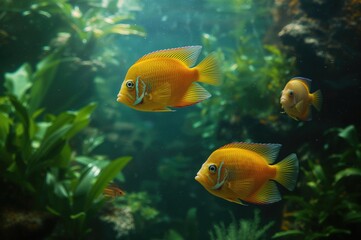 Naklejka premium Tropical aquarium scene with yellow cichlid fish and aquatic plants