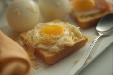 Fototapeta premium Cooked egg on a plate with spoon and toast, nutritious morning meal