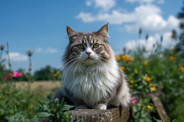 Obraz premium Close-up shot of a gray and white domestic cat perched on a fence