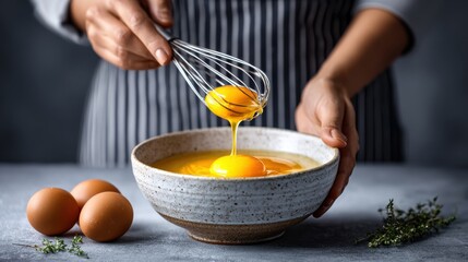 Asian woman in a striped apron is whisking fresh eggs in a ceramic bowl, surrounded by whole eggs and herbs, showcasing culinary skills and vibrant kitchen atmosphere
