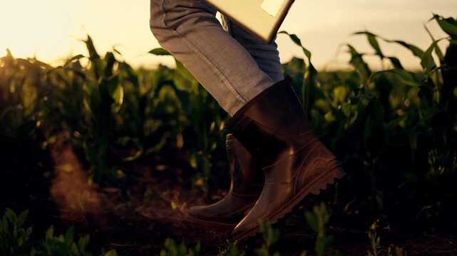 Walking through corn field at sunset, farmer in rubber boot walks along soil and inspects young corn plant row, closeup of boot and plant, crop care and agriculture practice in rural field sunlight