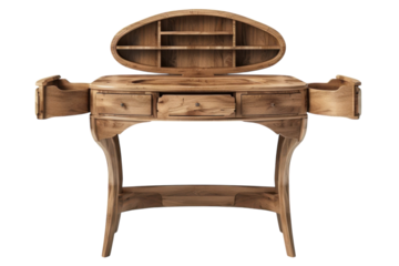 Elegant handcrafted wooden vanity with curved lines and ample storage, showcasing artistry and craftsmanship in a minimalist design isolated on transparent background