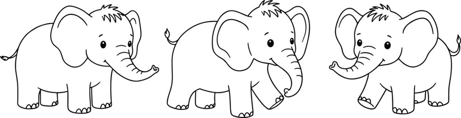 Cartoon elephant trio, cute baby elephants, outlined style, large ears, curved trunks, playful pose, vector illustration, isolated on white background
