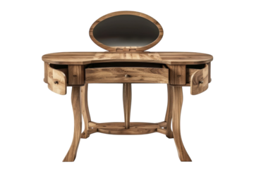 Elegant wooden vanity table with a mirror, showcasing intricate craftsmanship and artistic design in a well-lit room isolated on transparent background