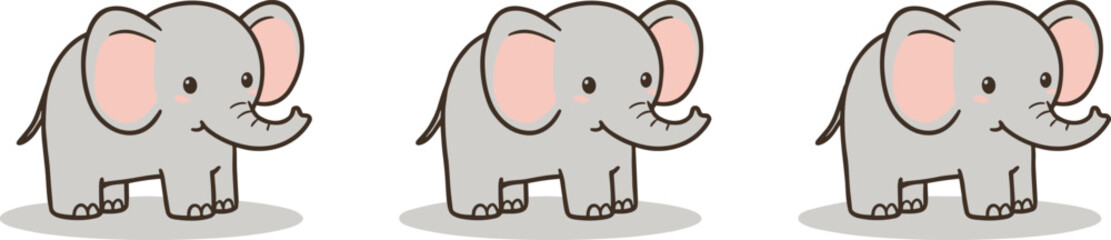 Cartoon elephant trio, cute gray elephants, pink ears, curved trunks, simple style, vector illustration, white background, child-friendly design