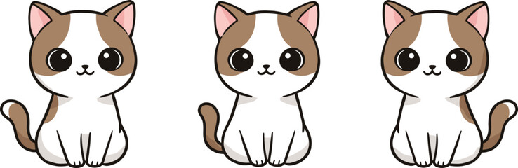 Cartoon sitting cat trio, white and brown patches, cute expression, pink ears, curled tail, vector illustration, isolated on white background