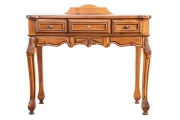 Elegant wooden writing desk with intricate carvings and polished finish, perfect for a vintage-inspired study or workspace isolated on transparent background