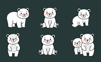 Cartoon white bear set, cute poses, pink cheeks, parent and child, vector illustration, dark background, emotional expressions, animal character
