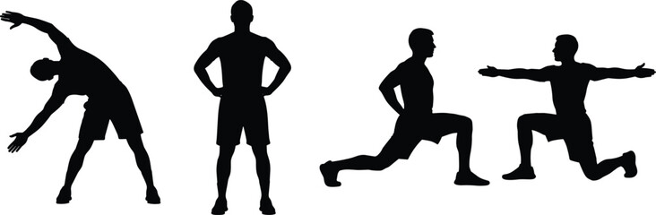 Stretching and exercise silhouettes, fitness poses, lunge and side bend, black figures, isolated, physical activity, posture set, body movement