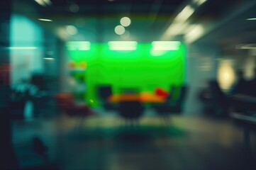 Abstract blurred office interior with green elements and workspace