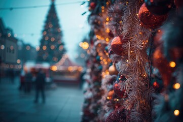 Holiday decorations available for purchase. Festive market close-up