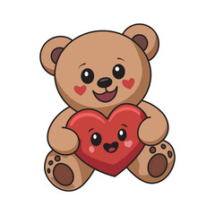 Fototapeta premium This adorable cartoon teddy bear, with rosy cheeks and a cheerful smile, warmly embraces a cute red heart character. Its sweet and innocent design evokes feelings of love, comfort, and friendship, per