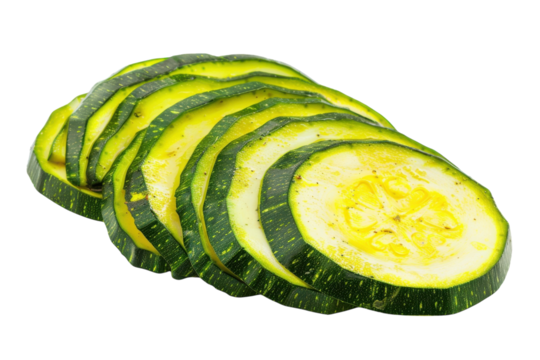 Freshly sliced green zucchini on a white background showcasing vibrant colors and textures in culinary preparation isolated on transparent background