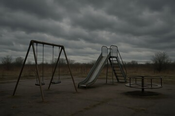 An abandoned playground sits under a somber, cloudy sky, evoking a sense of desolation. Rusty equipment suggests a forgotten past and uncertain future.