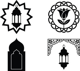 Fototapeta premium Collection of islamic decorative elements including lanterns floral motifs and architectural arches silhouette