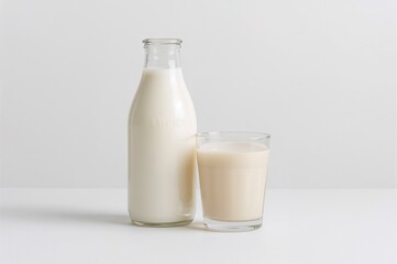 Glass and bottle filled with milk against a white backdrop