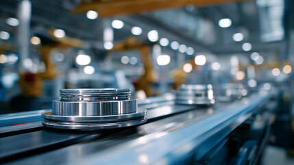 In a bustling automotive factory a conveyor belt steadily carries shining metal components past robotic arms symbolizing modern manufacturing industrial automation precision