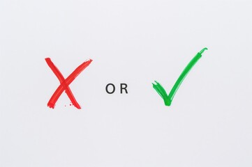 Character from the Blue Book with approval or rejection symbols, including a red cross and green check mark on a white background