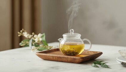 Detailed view of steaming jasmine tea in a glass teapot with a glass cup on a wooden tray set on a bright table inside a coffee shop