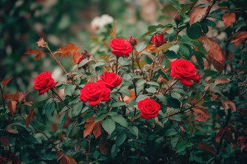 Shrub adorned with crimson roses in vintage style