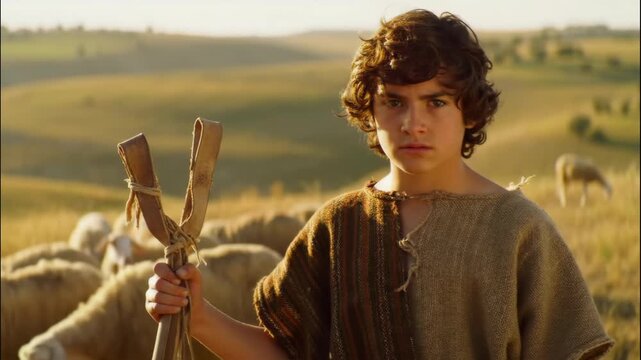Young Shepherd David Holding Sling with Peaceful Sheep Flock Grazing in Golden Sunset, Biblical Old Testament Pastoral Scene