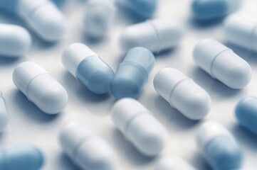 Macro view of elongated white and blue medicine pills.