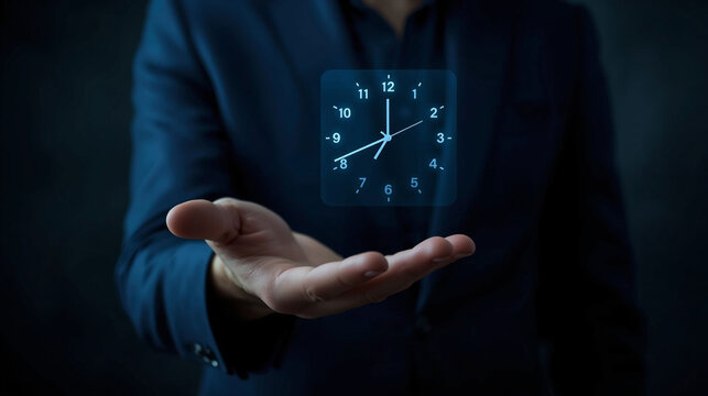 Time Management and Digital Clock: Businessman Hand Holding Glowing Futuristic Watch Face Symbolizing Scheduling and Business Efficiency