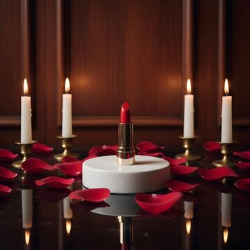 A vibrant tube of "red lipstick" rests centrally on a pristine, circular "white base" subtly inscribed with "Habiba", drawing the viewer&rsquo;s eye. Surrounding the lipstick, a delicate cascade of velvety 