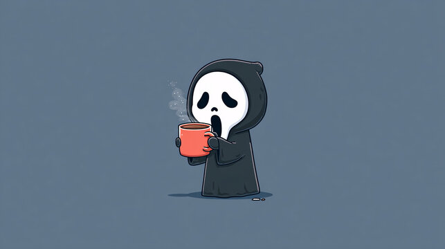 Adorable Chibi Ghostface Sipping Boba Tea Cute Kawaii Cartoon Art Fun Spooky Character Design Whimsical Illustration For Fans