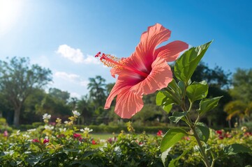 Blooming hibiscus in a botanical garden setting