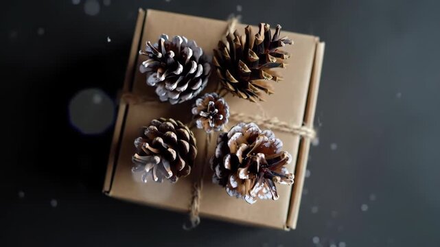 Wrapped gift box topped with assorted pine cones on dark background