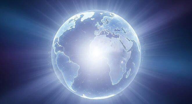 Glowing Earth Globe with Light Rays Emanating Outward in a Dark Blue Space